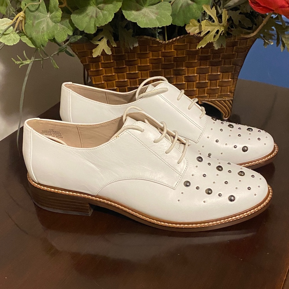 Nine West White Leather Studded Loafers